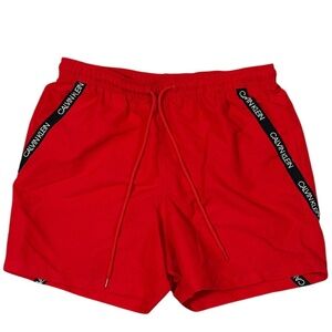 Calvin Klein Mens Swim Trunks Red Black Stripe Logo Drawstring Pockets L